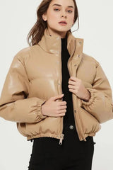 Beige Puffer Windbreaker Faux Leather Crop Jacket / S Coats & Jackets