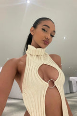 Beige Turtleneck Knitted Cutout Backless Top