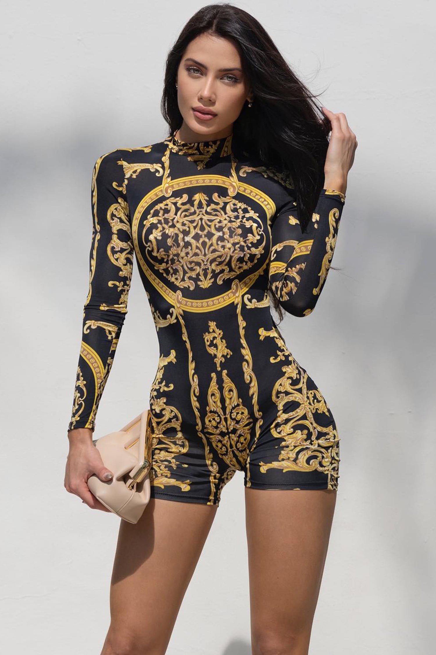 Black And Gold Damask Long Sleeve High Neck Romper Jumpsuits & Rompers