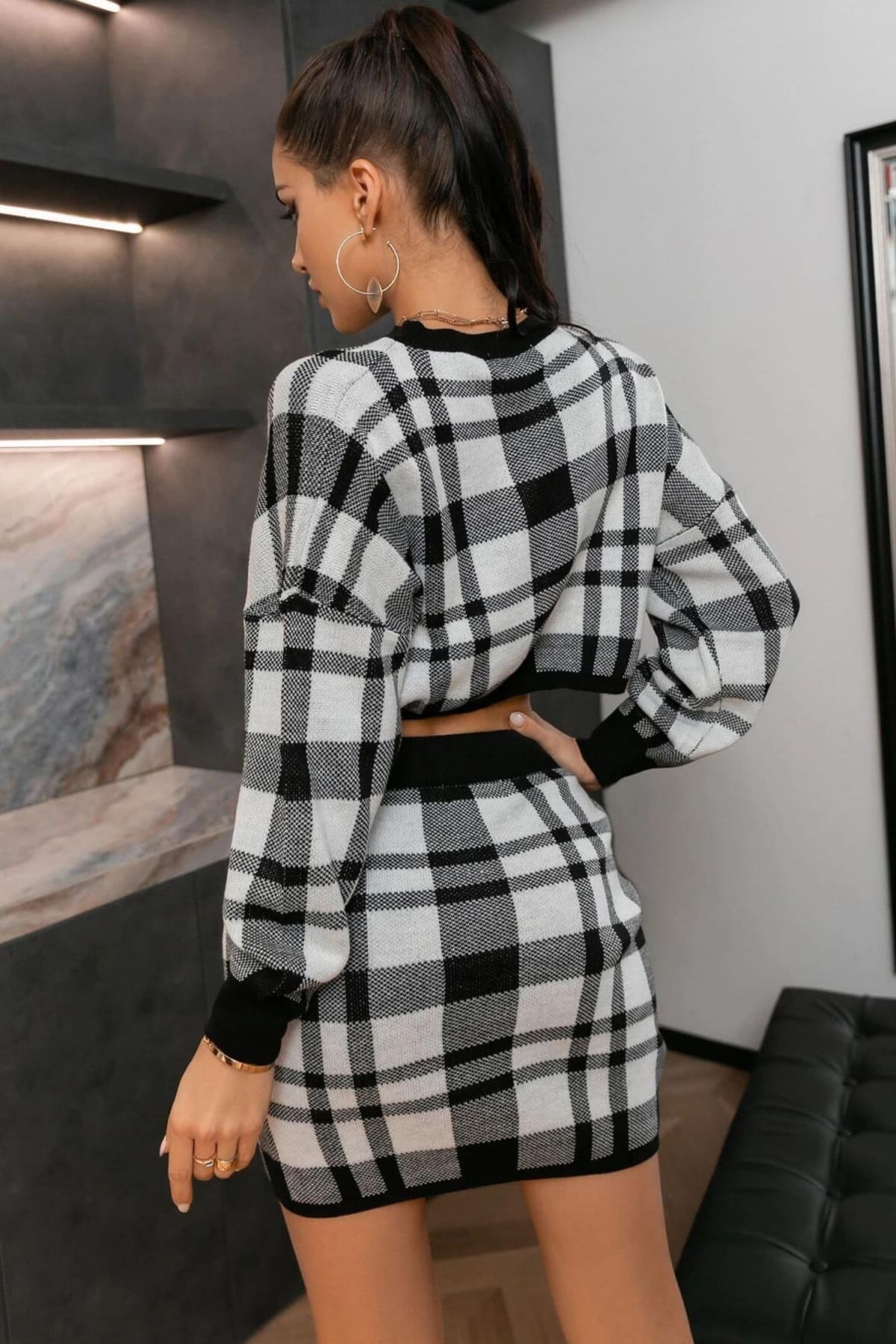 Black And White Plaid Two Piece Sweater Dress Outfit Sets