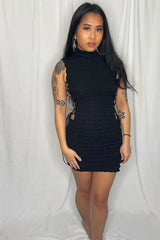 Black Bubble Fabric Lace-Up Turtleneck Short Dress Dresses