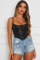 Black Faux Leather Busk Bustier Top Shirts & Tops