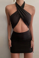 Black Halter Wrap Ruched Cutout Mini Dress Dress