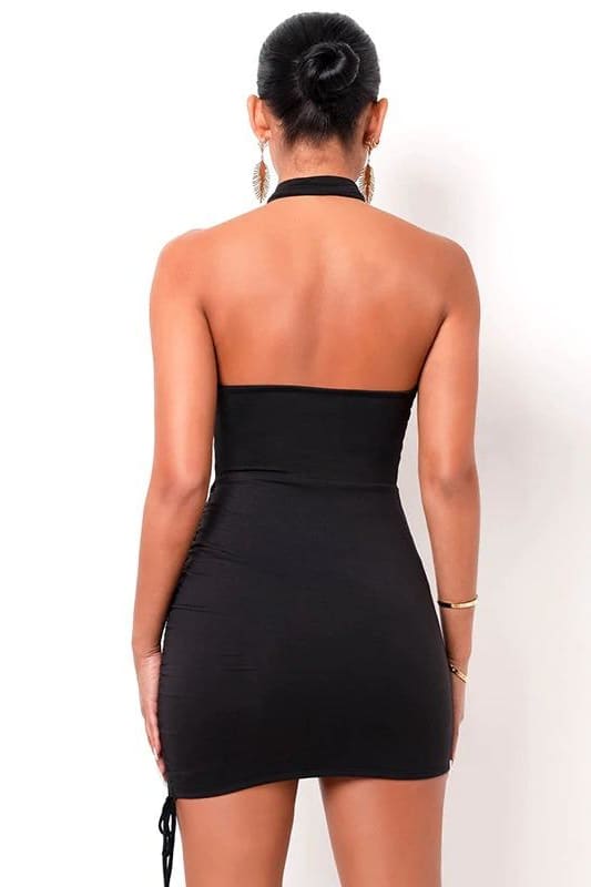 Black Halter Wrap Ruched Cutout Mini Dress - IRHAZ Black / L