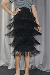Black High Waisted Midi Fringe Skirt Skirts
