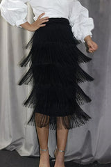 Black High Waisted Midi Fringe Skirt Skirts