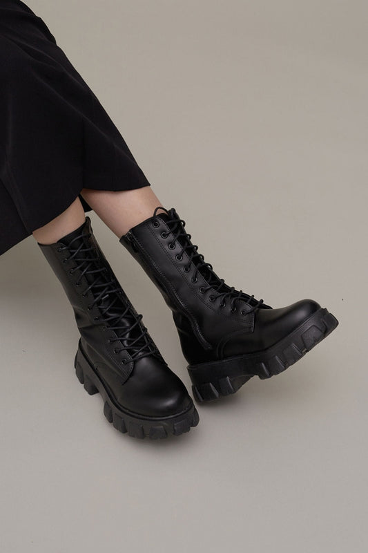 Black Lace Up Mid Calf Boots 4 / Shoes