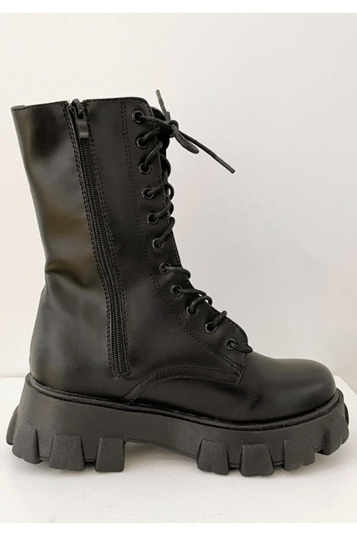 Black Lace Up Mid Calf Boots Shoes