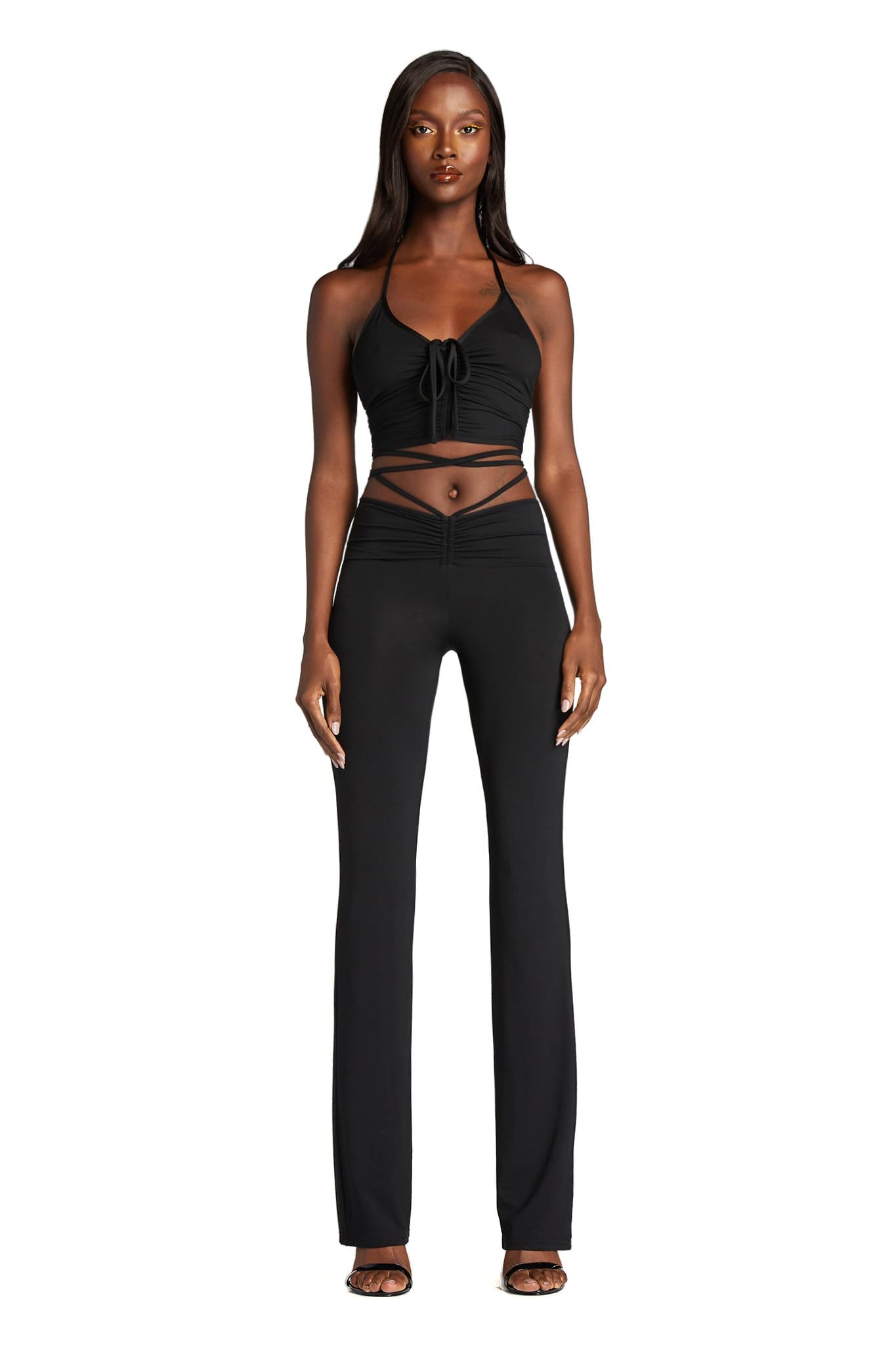 Black Lace-Up Ruched Flare Pants & Halter Crop Top