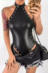 Black Leather Lace Up Mock Neck Bodysuit Leotards & Unitards