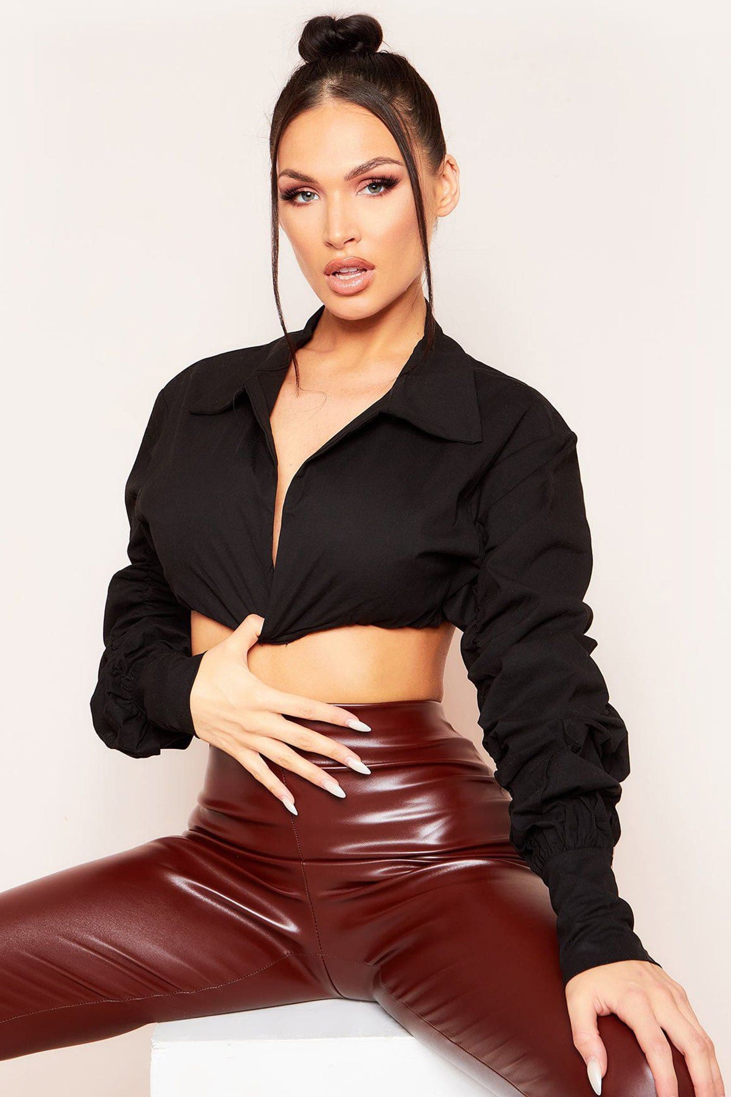 Black Long Puff Ruched Sleeve Crop Top / S Shirts & Tops