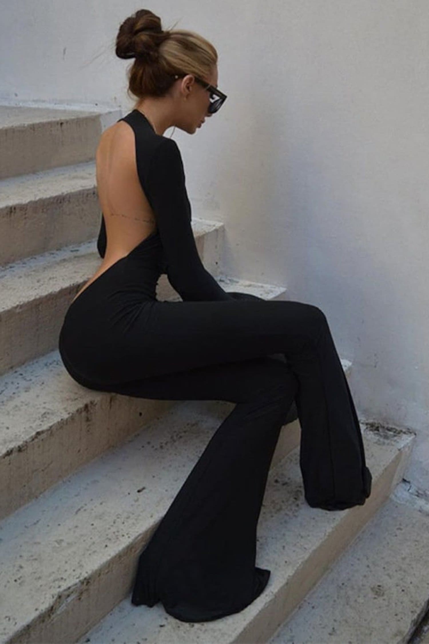 Black Long Sleeve Flare Backless Jumpsuit Jumpsuits & Rompers