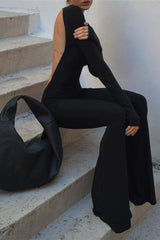 Black Long Sleeve Flare Backless Jumpsuit Jumpsuits & Rompers