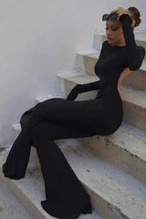Black Long Sleeve Flare Backless Jumpsuit Jumpsuits & Rompers