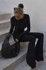 Black Long Sleeve Flare Backless Jumpsuit Jumpsuits & Rompers