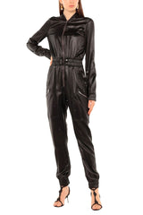 Black Long Sleeves Jogger Leather Jumpsuit Jumpsuits & Rompers