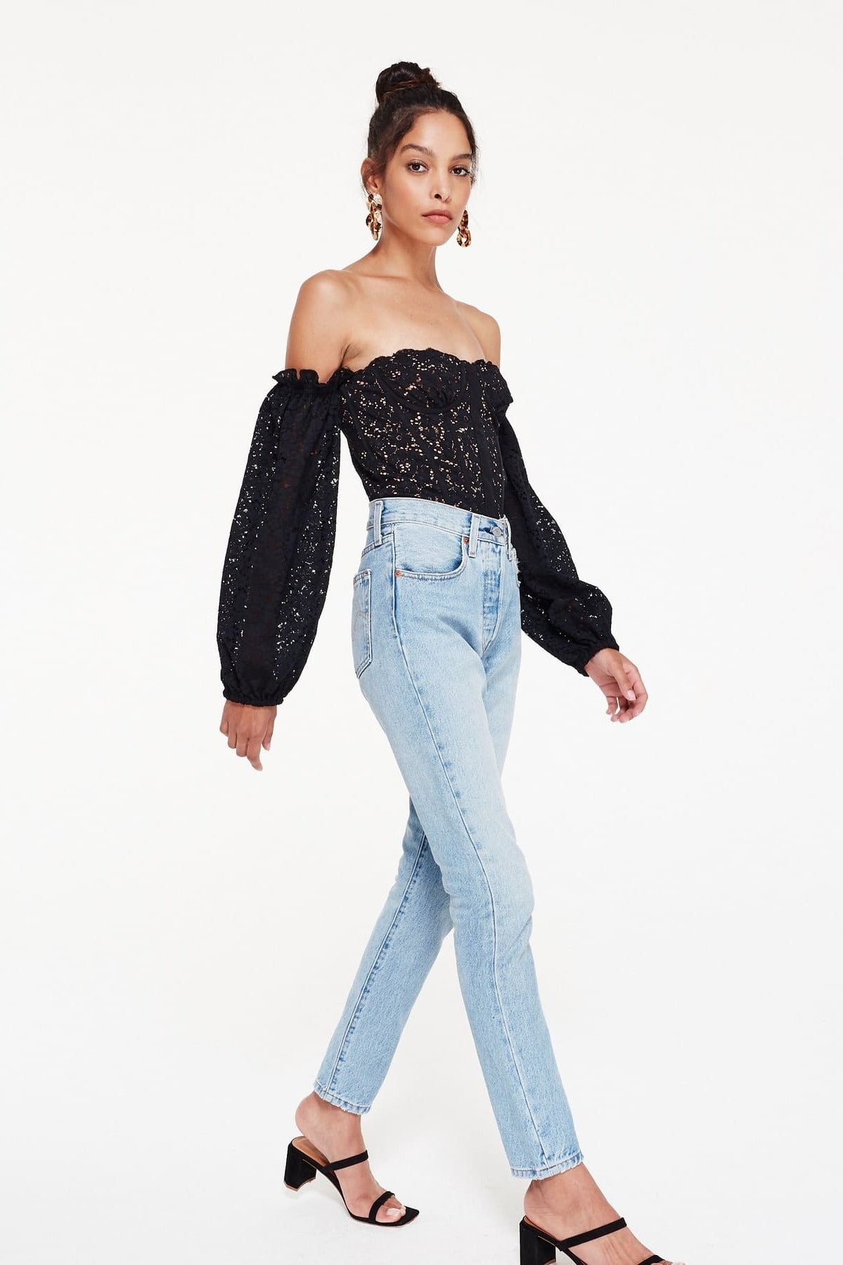 Black Off Shoulder Lace Puffed Sleeve Top Shirt