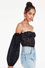 Black Off Shoulder Lace Puffed Sleeve Top Shirt