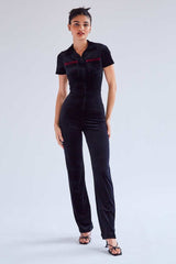 Black Polo Short Sleeve Velvet Jumpsuit Jumpsuits & Rompers