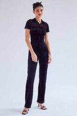 Black Polo Short Sleeve Velvet Jumpsuit Jumpsuits & Rompers