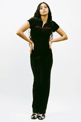 Black Polo Short Sleeve Velvet Jumpsuit Jumpsuits & Rompers