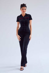 Black Polo Short Sleeve Velvet Jumpsuit Jumpsuits & Rompers