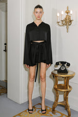 Black Satin Bell Sleeve Crop Top & Wrap Mini Skirt Set Set