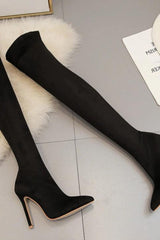 Black Suede Pointed Toe Thigh High Boots