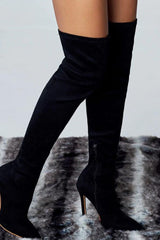Black Suede Pointed Toe Thigh High Boots / 5