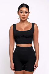 Black Two-Piece Ribbed Crop Top & High Waisted Shorts Matching Set Outfit Sets