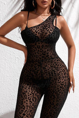 Black Velvet One Shoulder Leopard Print Mesh Jumpsuit Jumpsuits & Rompers