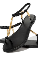 Black Woven Ankle Straps Chain Flat Sandals Shoes
