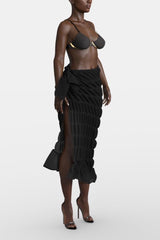 Black Wrap Tie Ruffle Split Midi Skirt Skirts