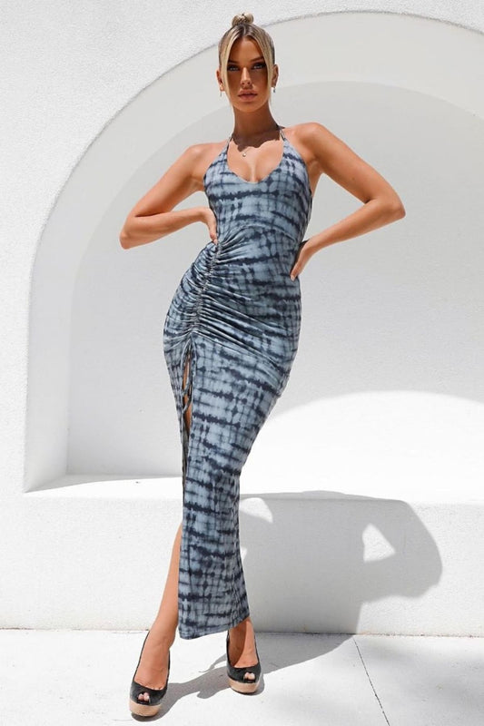 Blue Backless Ruched Maxi Dress With Slit S /