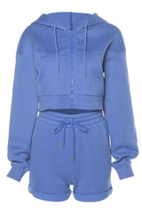 Blue Cropped Zipper Up Hoodie And Lounge Shorts Set Outfit Sets