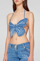 Blue Denim Butterfly Shape Crop Top Shirts & Tops