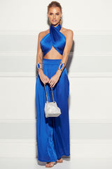 Blue Halter Wrap Top And Palazzo Satin Pants Set Outfit Sets