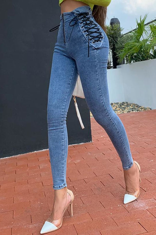 Blue High Waisted Front Zipper Lace Up Skinny Jeans Jeans