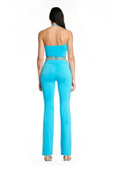Blue Lace-Up Ruched Flare Pants & Halter Crop Top Set