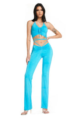 Blue Lace-Up Ruched Flare Pants & Halter Crop Top Set