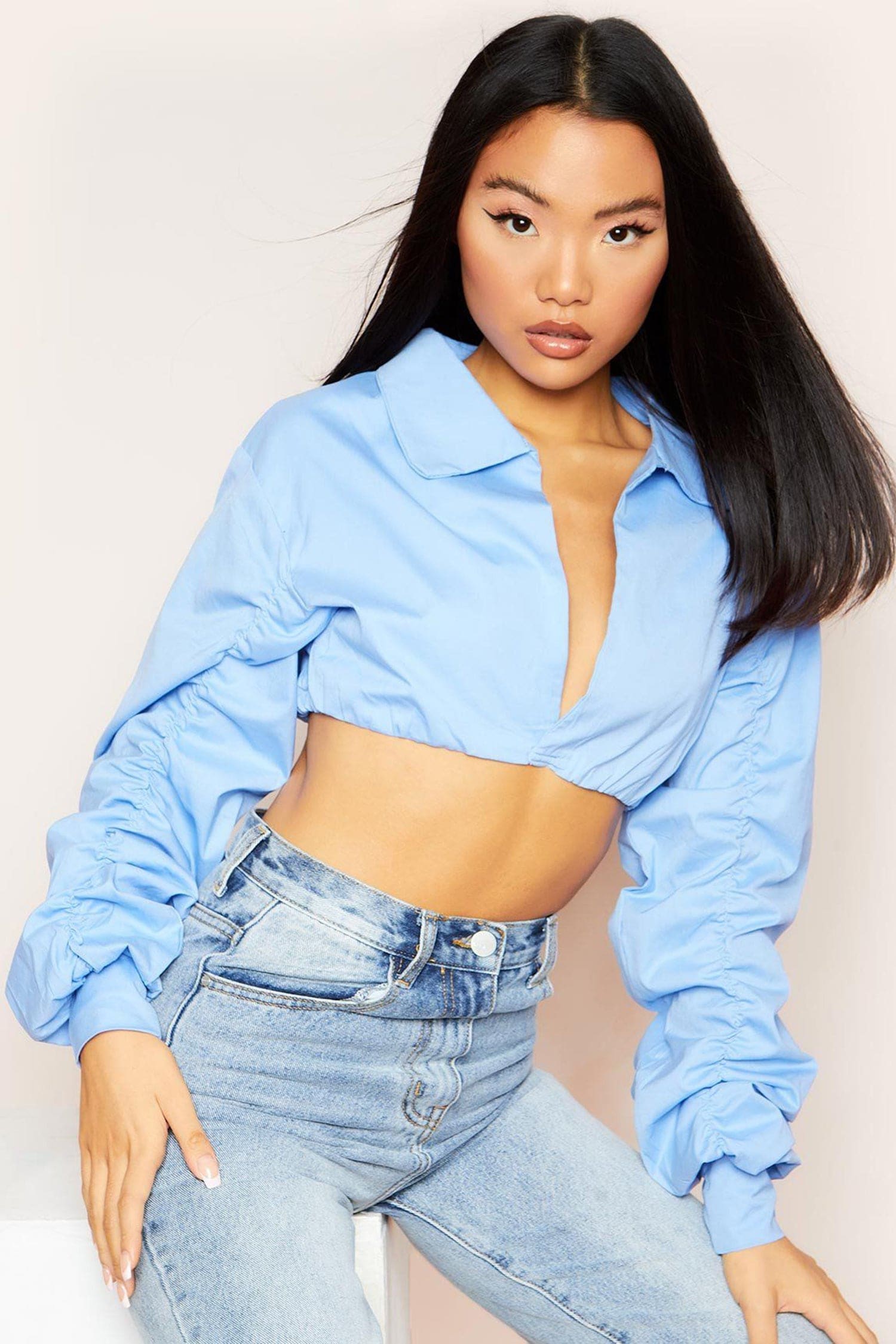 Blue Long Puff Ruched Sleeve Crop Top Shirts & Tops