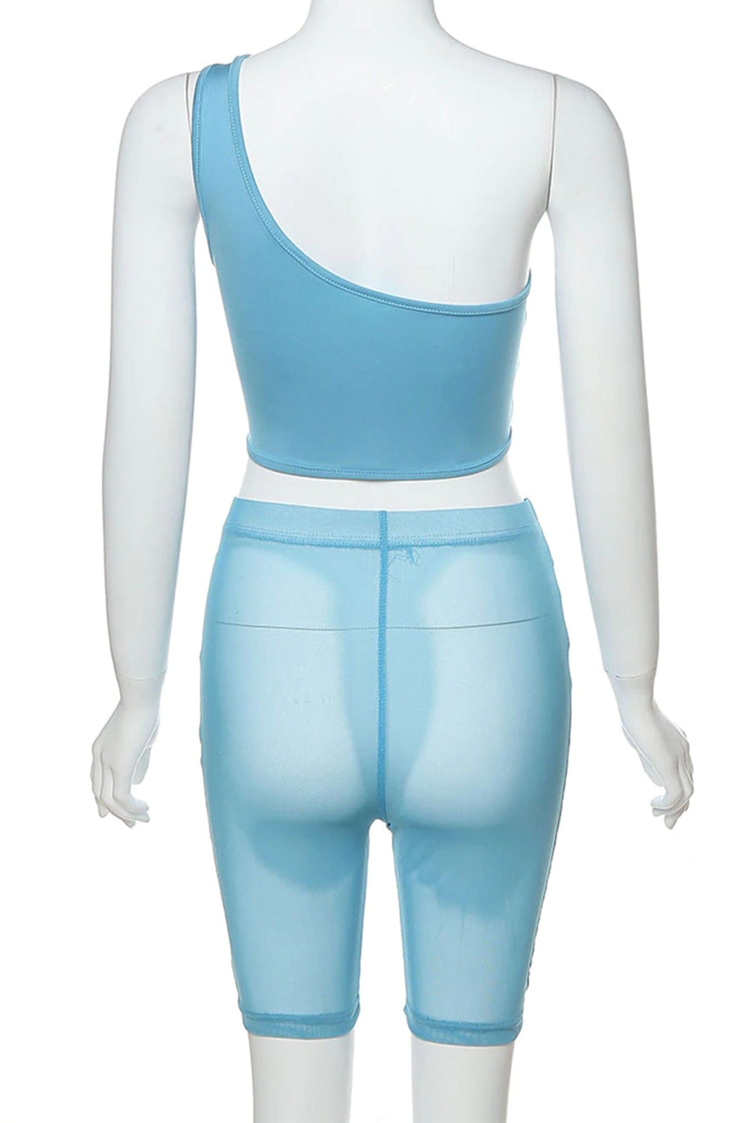 Blue Mesh Biker Shorts & One Shoulder Lace-Up Crop Top Set Outfit Sets