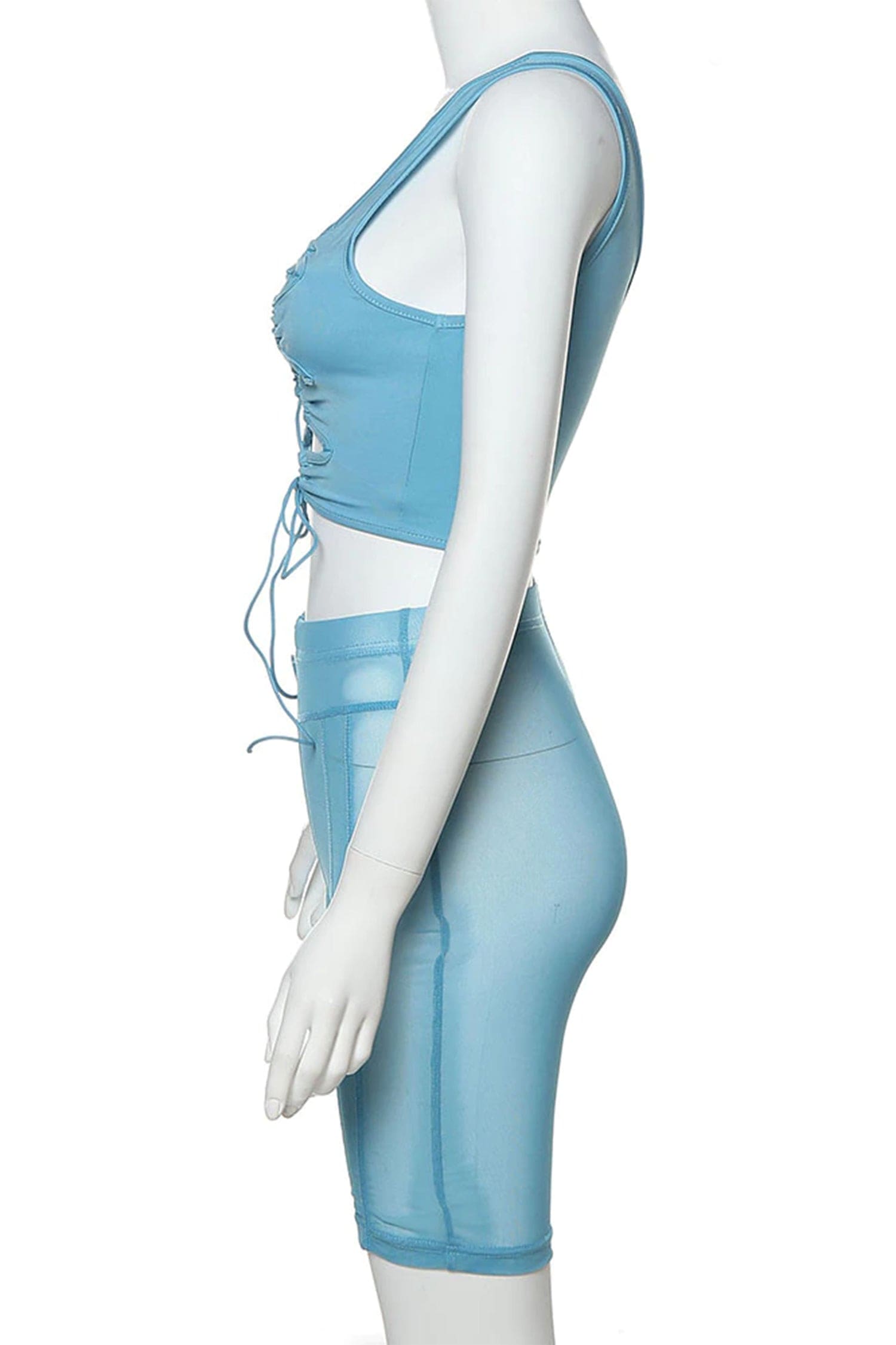 Blue Mesh Biker Shorts & One Shoulder Lace-Up Crop Top Set Outfit Sets