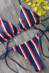 Blue Striped Tie Halter Triangle Bikini Bikini