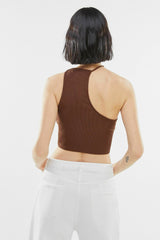 Brown Asymmetrical Halter One Shoulder Crop Top Shirts & Tops