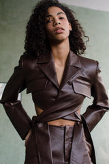Brown Faux Leather Cropped Wrap Blazer Coats & Jackets
