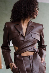 Brown Faux Leather Cropped Wrap Blazer Coats & Jackets