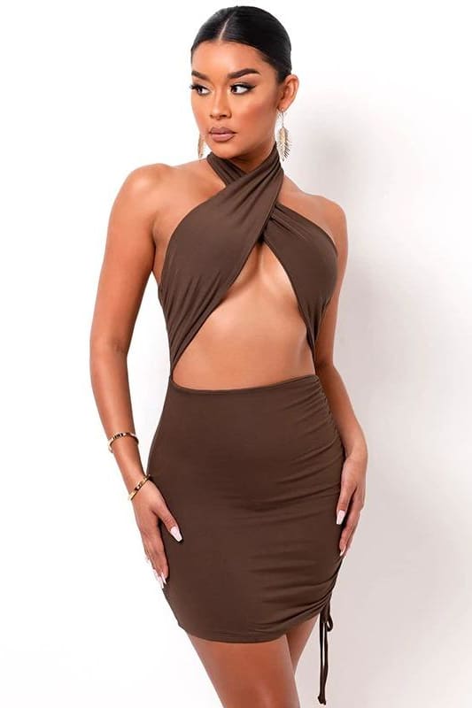 Brown Halter Wrap Ruched Cutout Mini Dress Dress