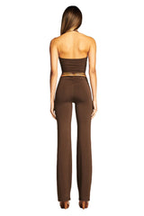 Brown Lace-Up Ruched Flare Pants & Halter Crop Top Set