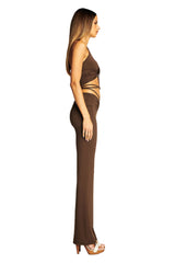 Brown Lace-Up Ruched Flare Pants & Halter Crop Top Set